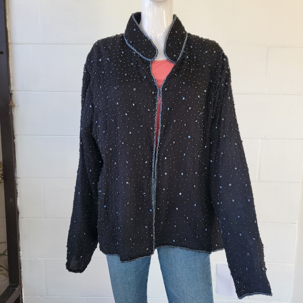 NWT Vintage Laurence Kazar Black Cardigan Beaded Jacket Blouse Women's 3X Silk